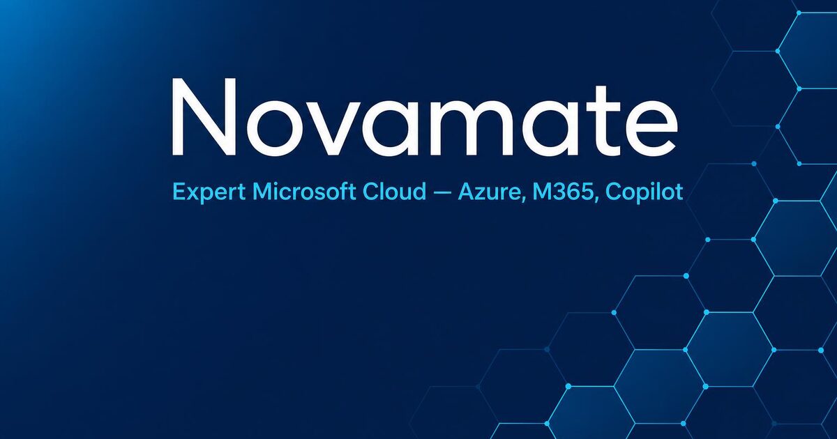 Visuel Novamate sur fond bleu marine avec motif hexagonal cyan